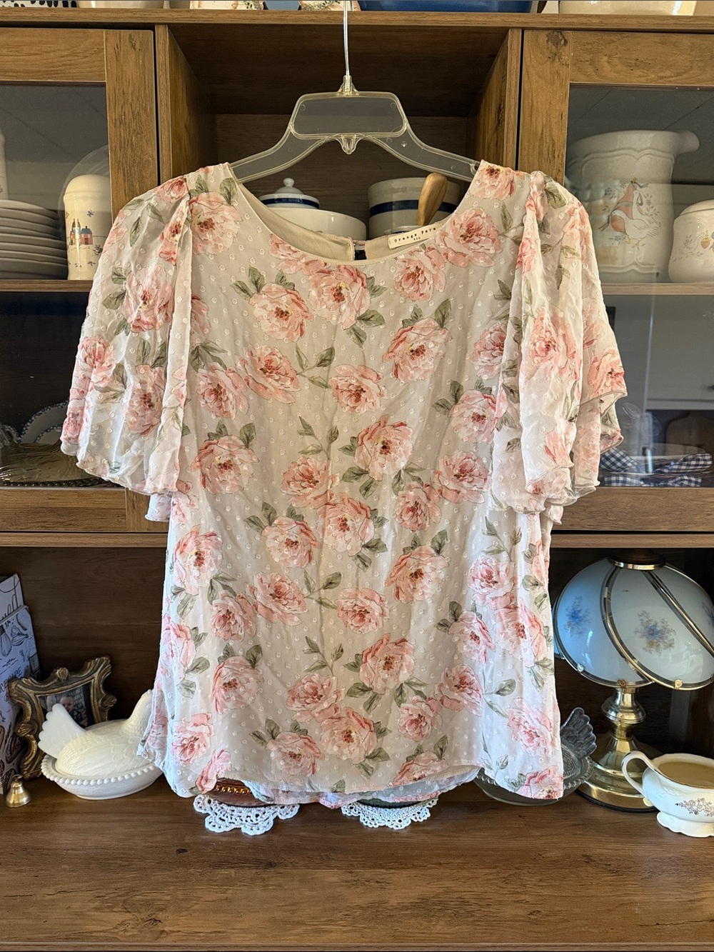 Floral Print Pink & Green Swiss Dot Blouse Orange Farm Ruffle Sleeve Size Large